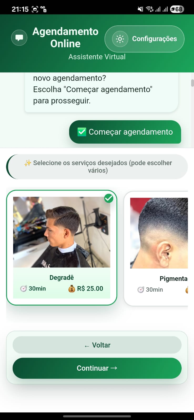 Seleção de serviço no chat