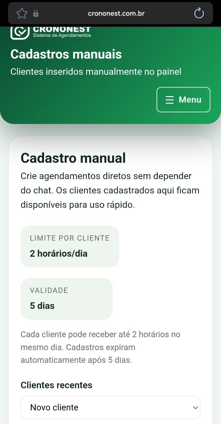 Tela de cadastros manuais